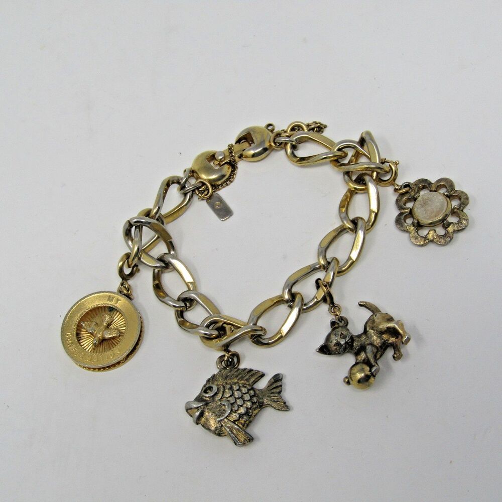 Vintage Monet Gold-Tone Charm Bracelet Chunky Link 4 Charms Signed